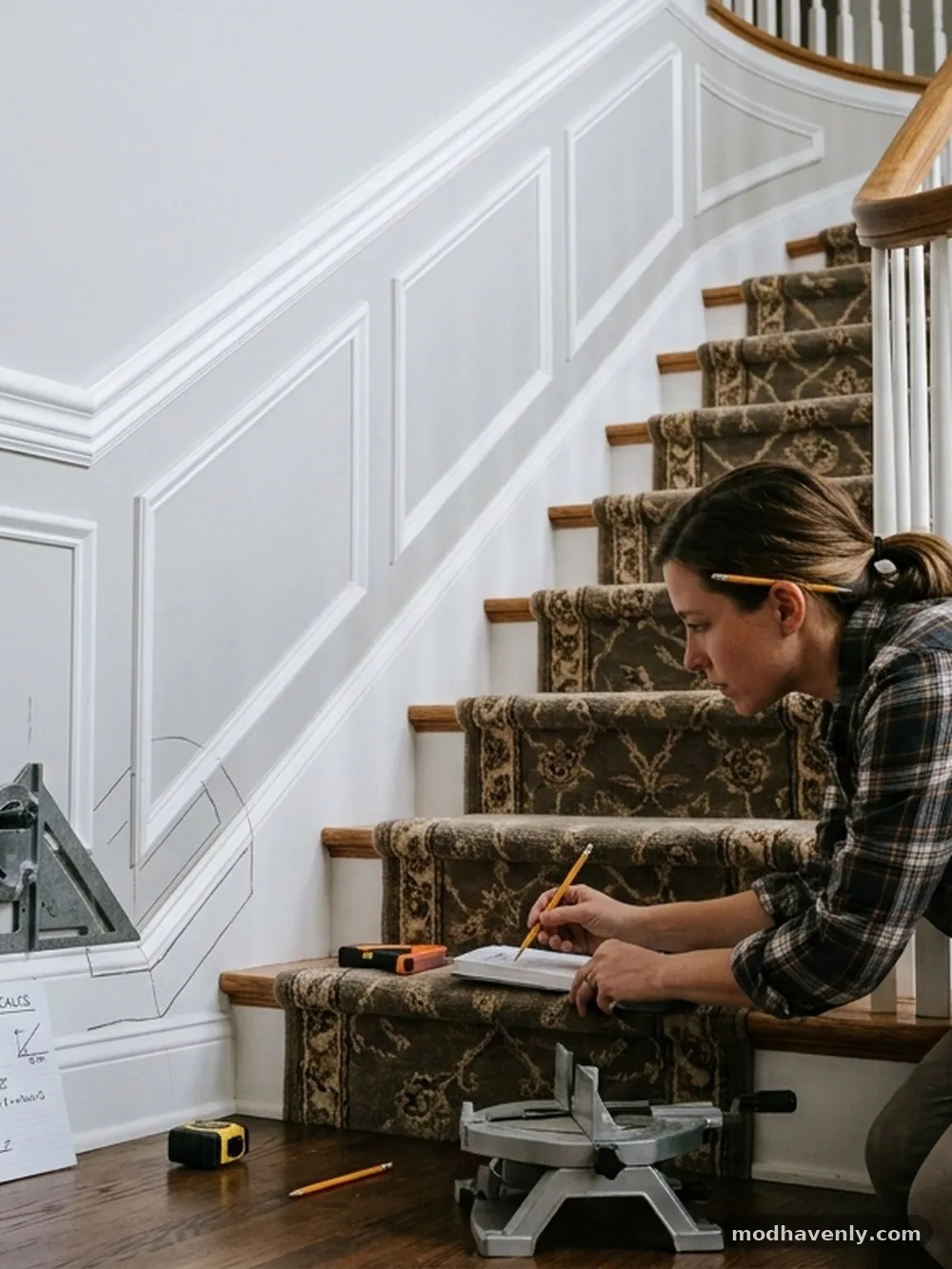 Calculating the Transition Joint - How to Transition Chair Rail Trim Down a Slanted Staircase Wall