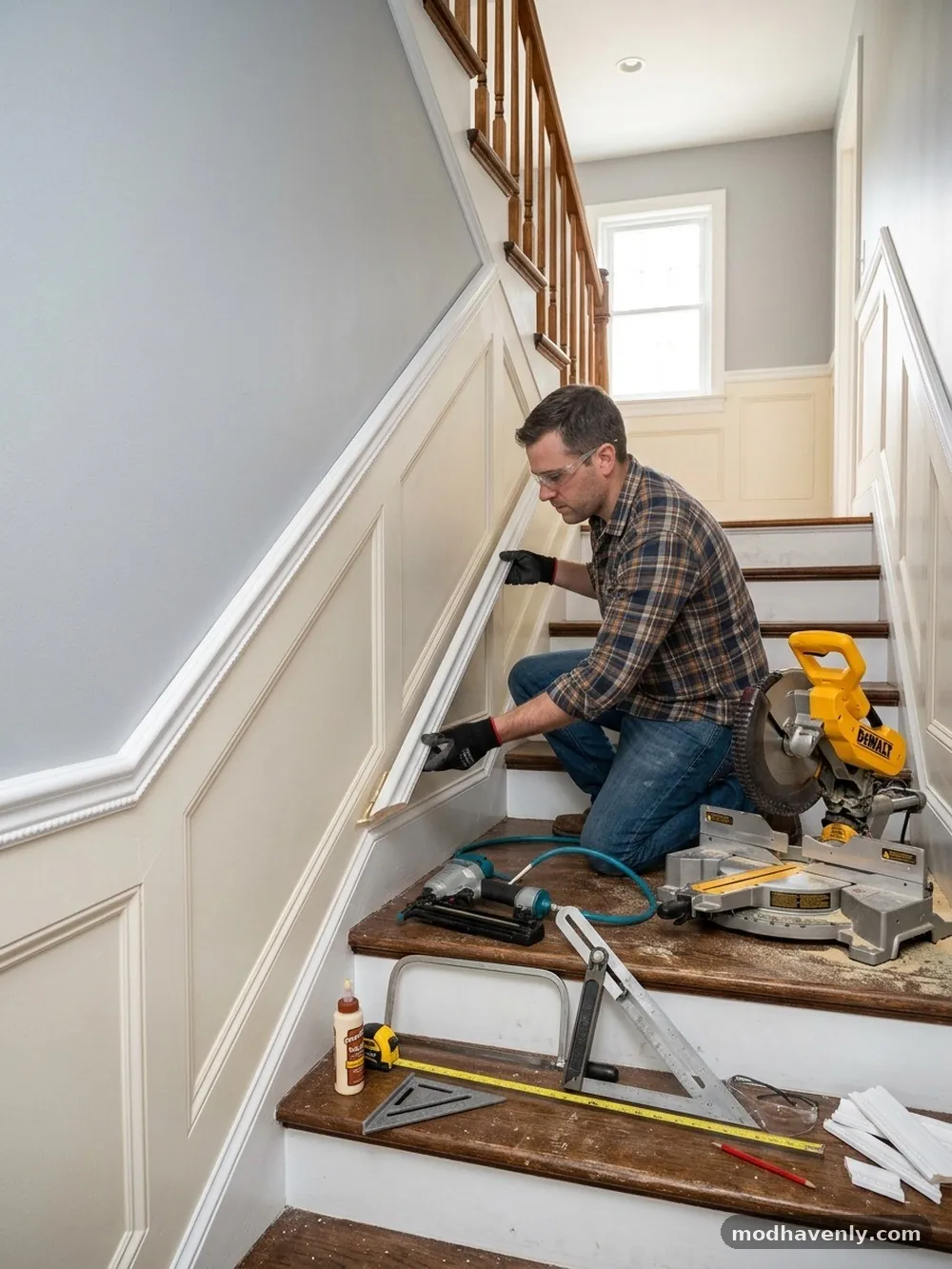 Tools Required for Precision Cuts - How to Transition Chair Rail Trim Down a Slanted Staircase Wall
